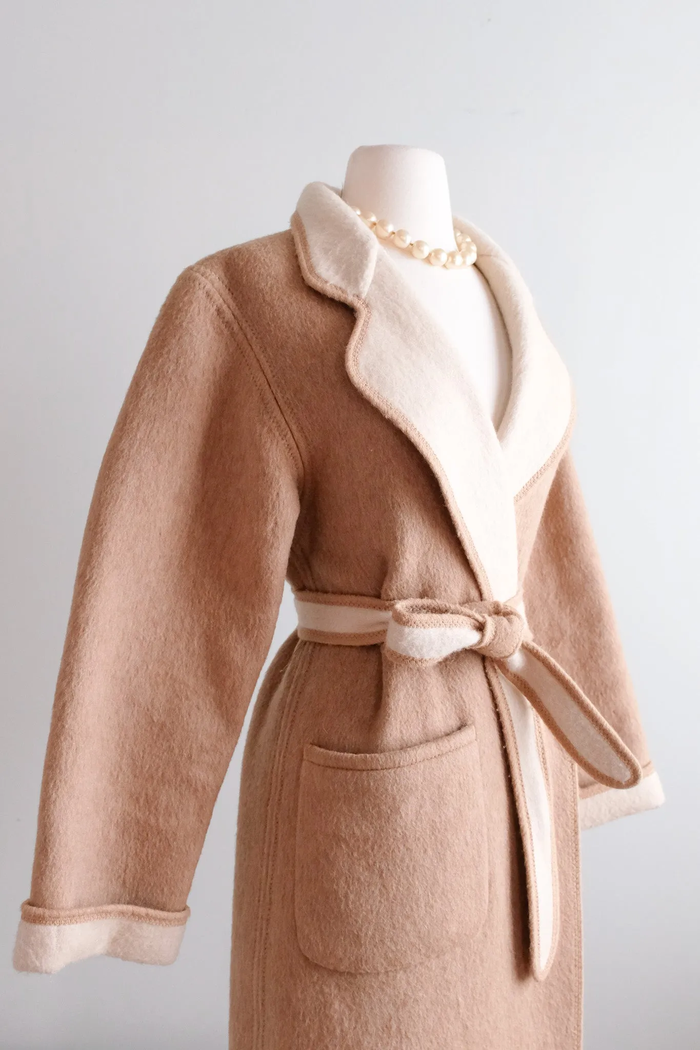 Gorgeous 1970’s Camel & Ivory Reversible Long Line Coat / Sz M