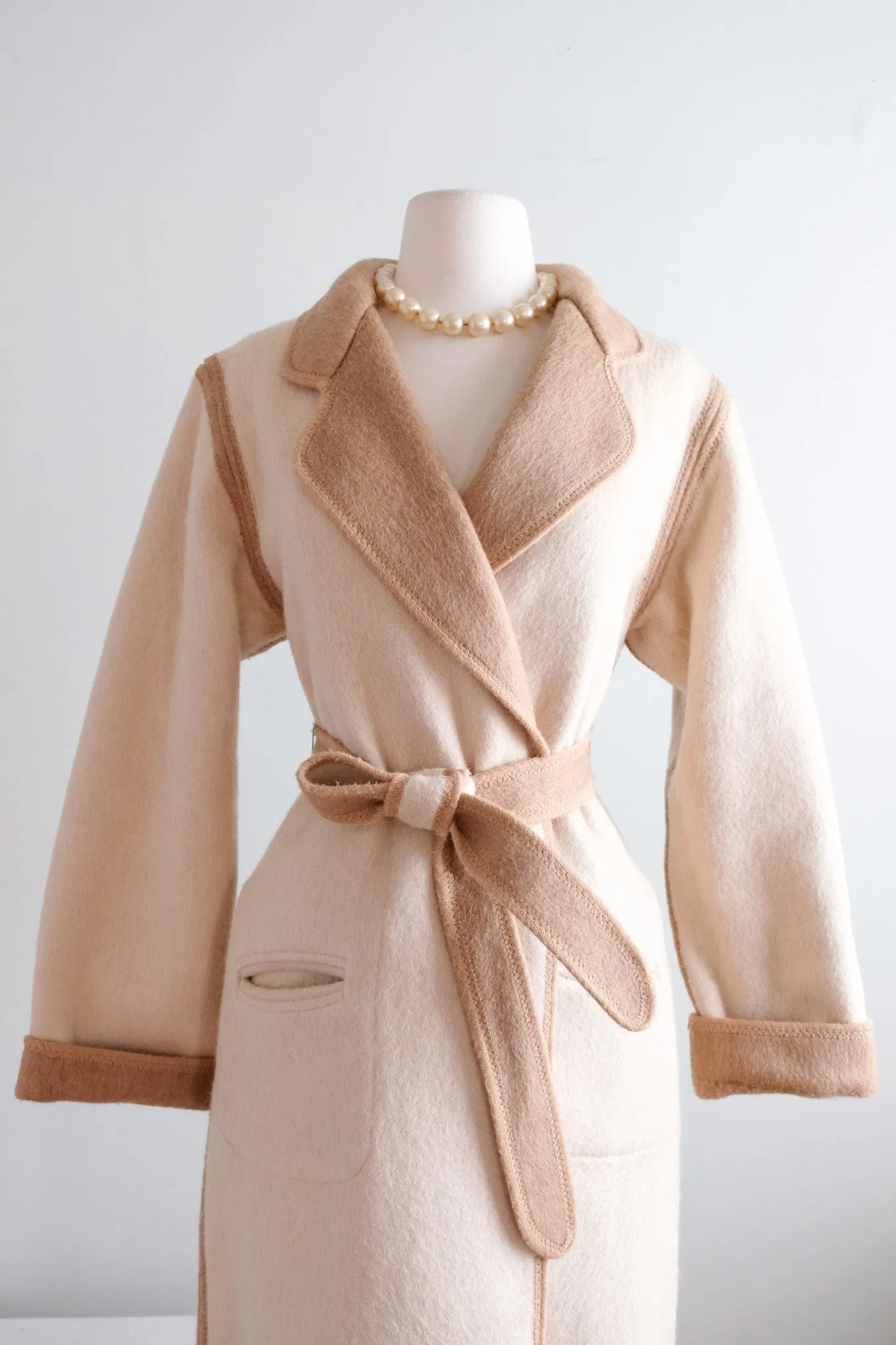 Gorgeous 1970’s Camel & Ivory Reversible Long Line Coat / Sz M