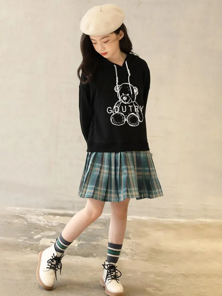 Hooded Sweater Dress Cartoon Print Casual Dress With Pleated