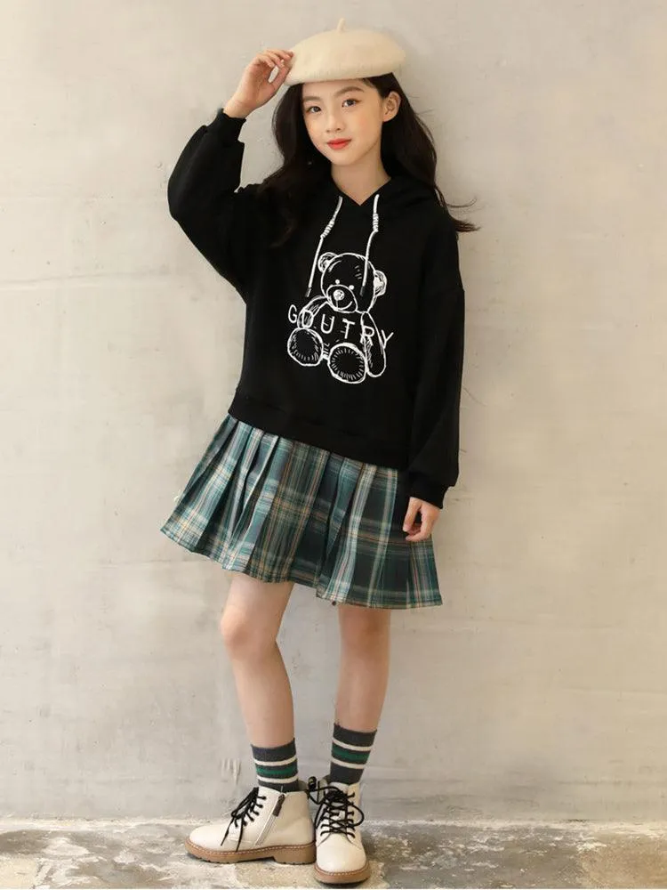 Hooded Sweater Dress Cartoon Print Casual Dress With Pleated