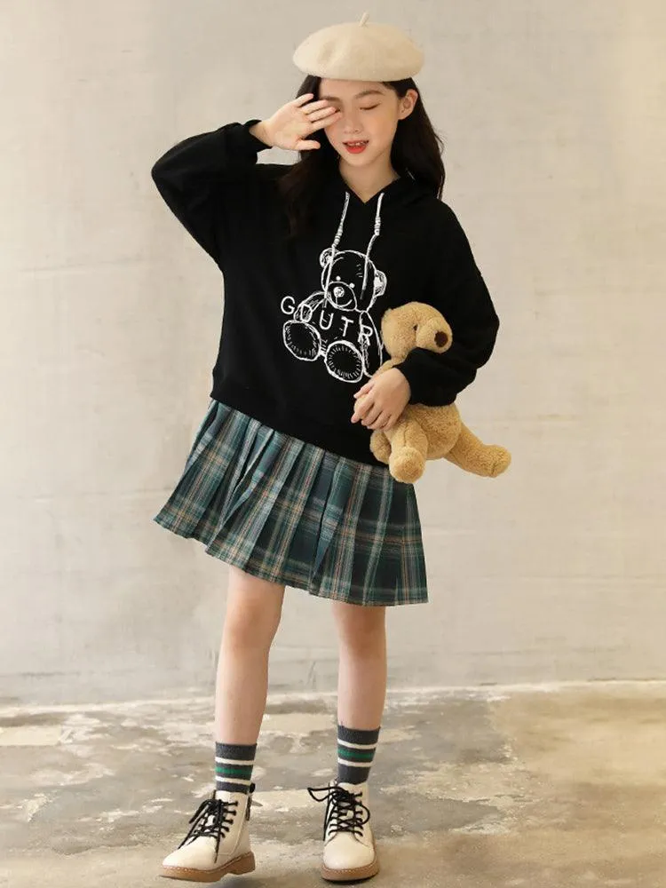 Hooded Sweater Dress Cartoon Print Casual Dress With Pleated