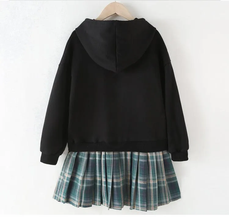 Hooded Sweater Dress Cartoon Print Casual Dress With Pleated