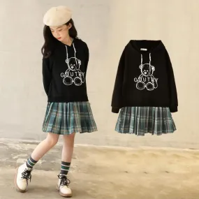 Hooded Sweater Dress Cartoon Print Casual Dress With Pleated