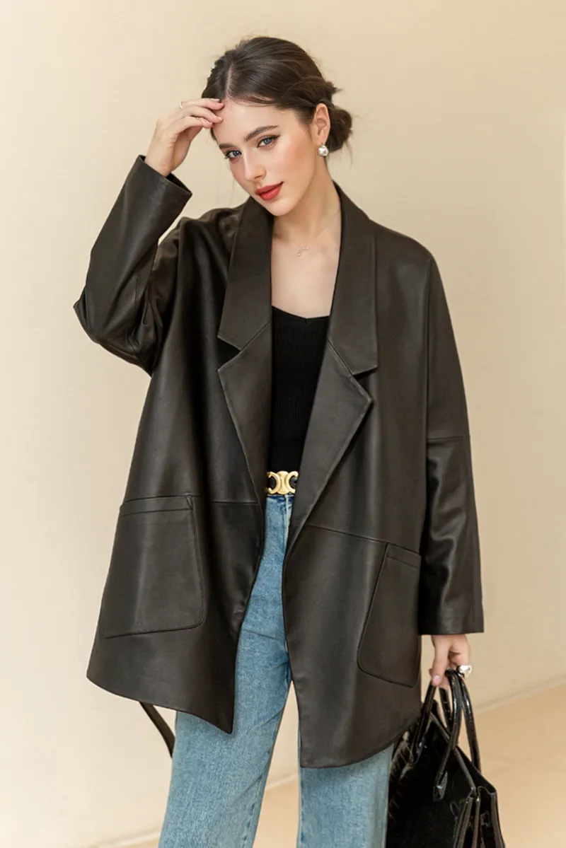 Italian Lambskin Leather Belted Blazer with Seam Details