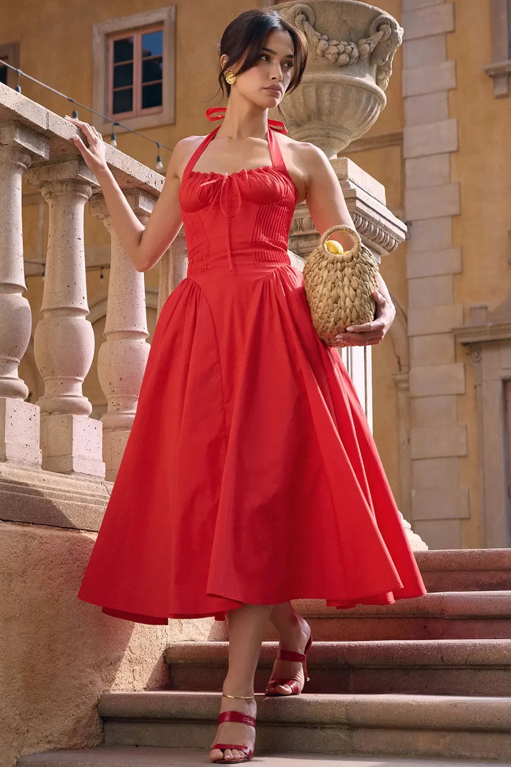 Italian Tomato Halter Midi Dress