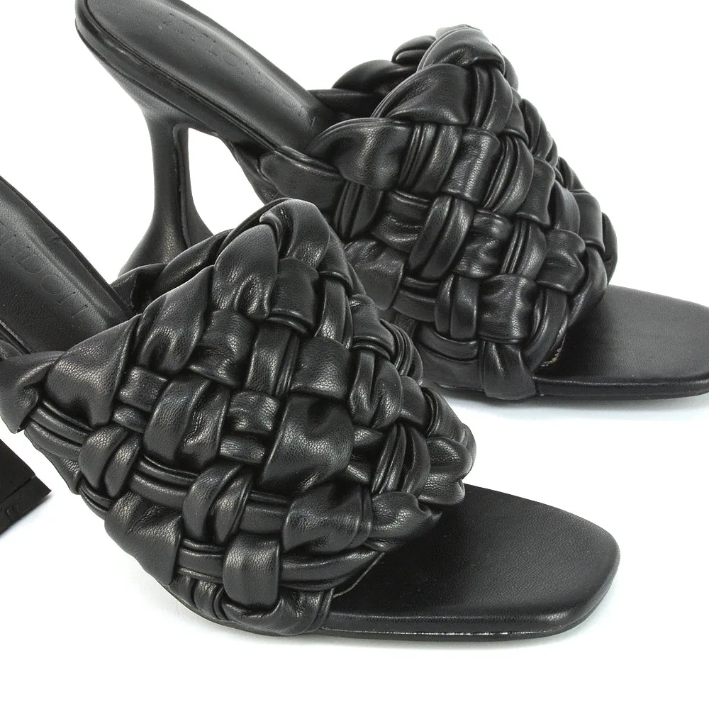 Jaci Woven Sandal Strap Square Toe Sculptured Flared Low mid High Heel Mules in Brown Synthetic Leather