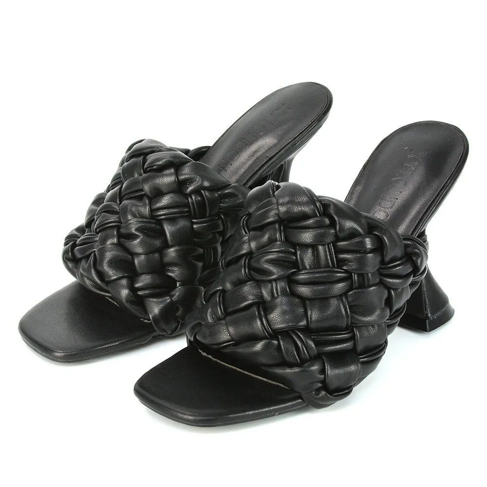 Jaci Woven Sandal Strap Square Toe Sculptured Flared Low mid High Heel Mules in Brown Synthetic Leather