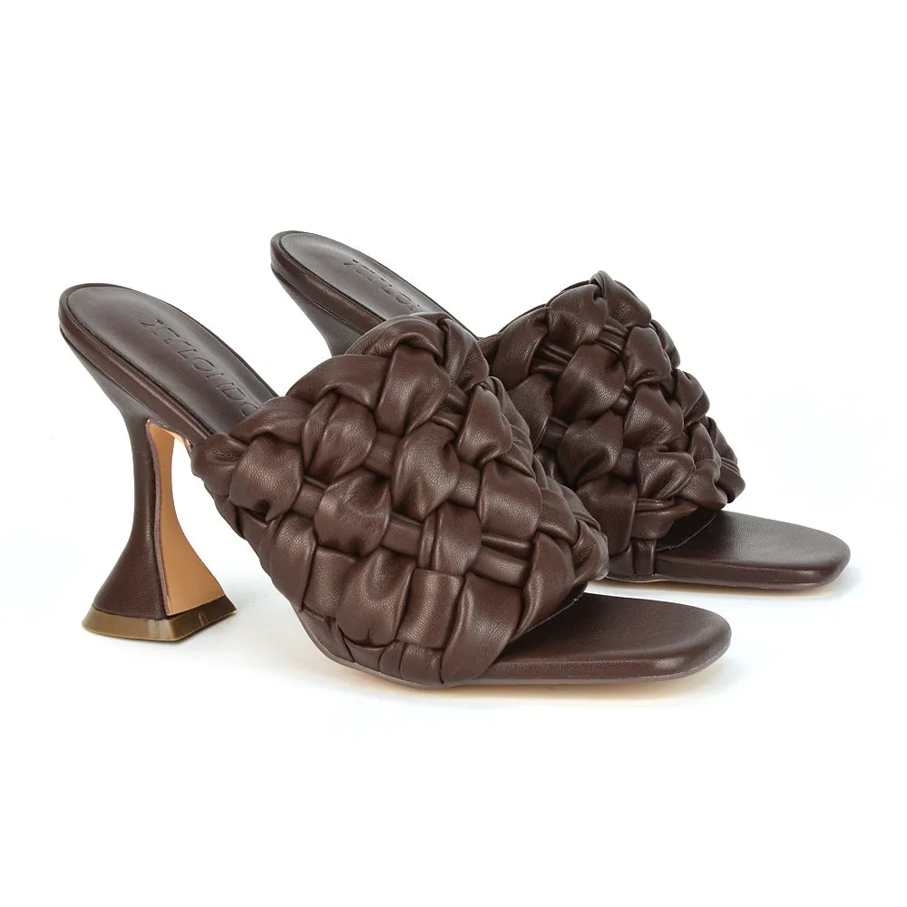 Jaci Woven Sandal Strap Square Toe Sculptured Flared Low mid High Heel Mules in Brown Synthetic Leather