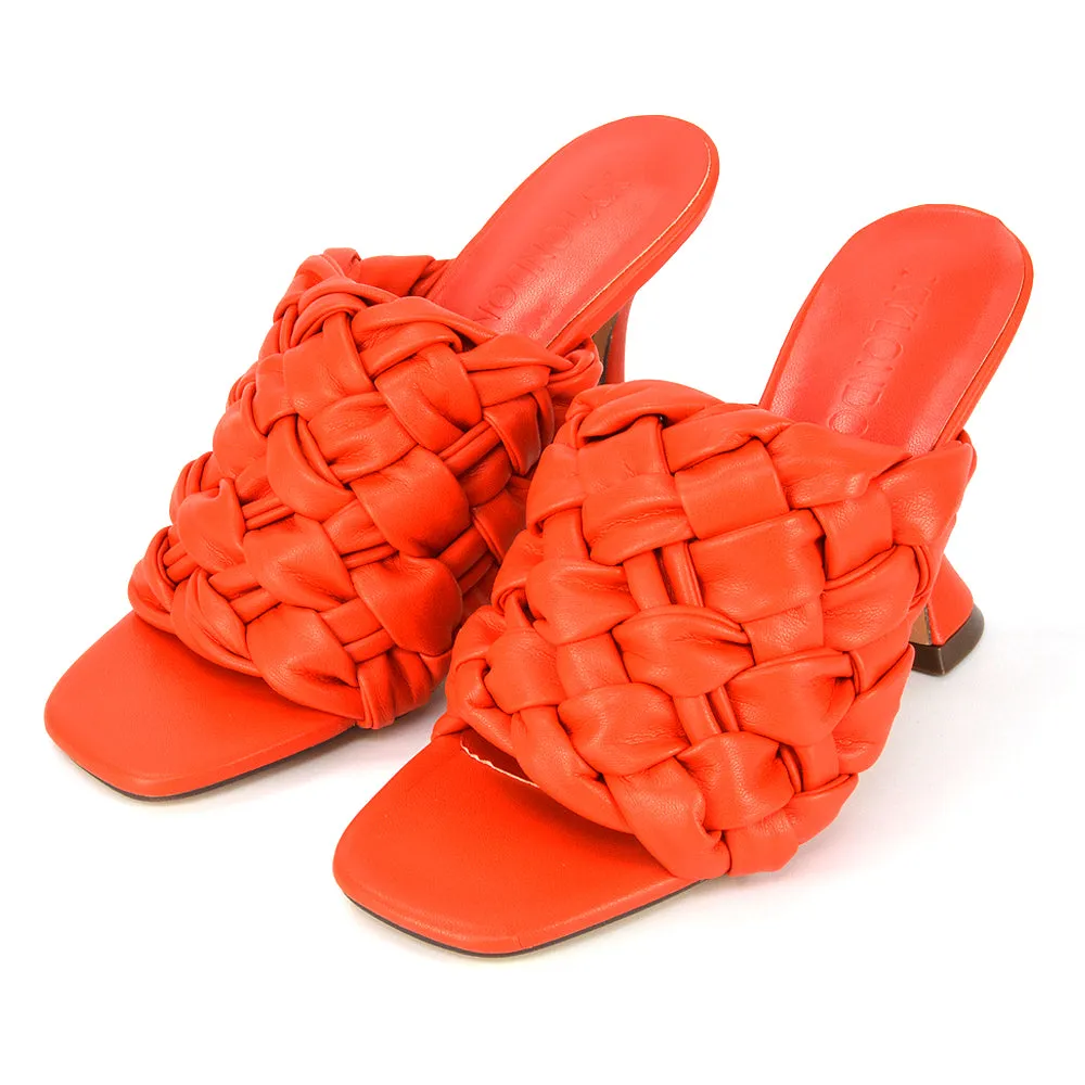 Jaci Woven Sandal Strap Square Toe Sculptured Flared Low mid High Heel Mules in Brown Synthetic Leather