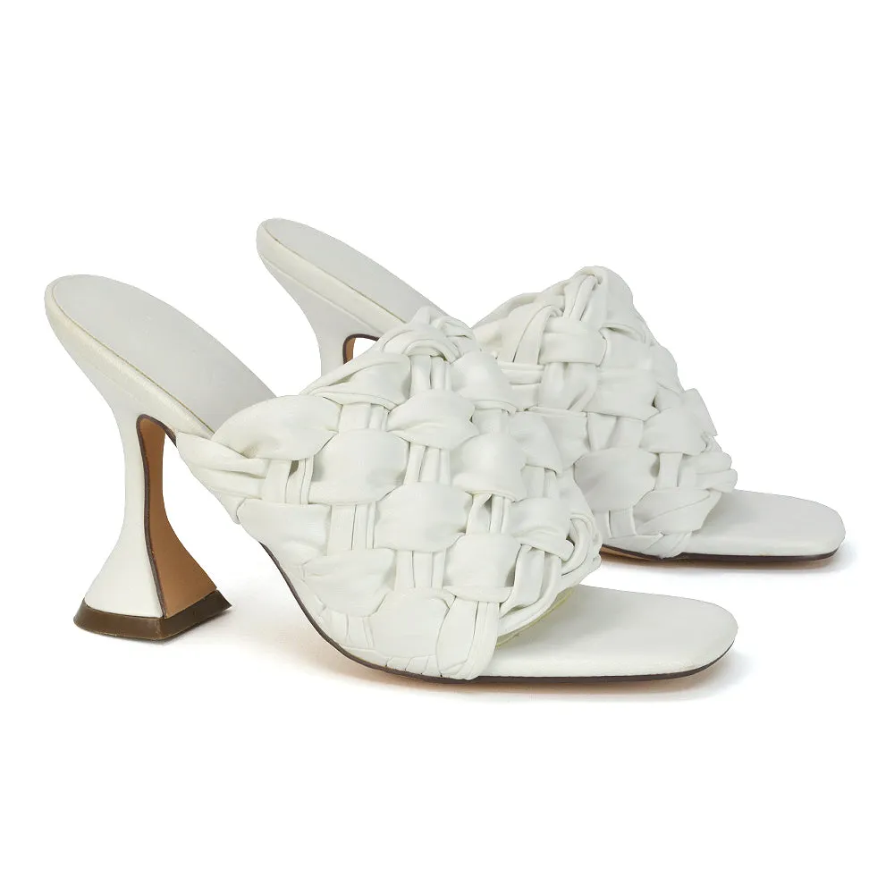 Jaci Woven Sandal Strap Square Toe Sculptured Flared Low mid High Heel Mules in Brown Synthetic Leather