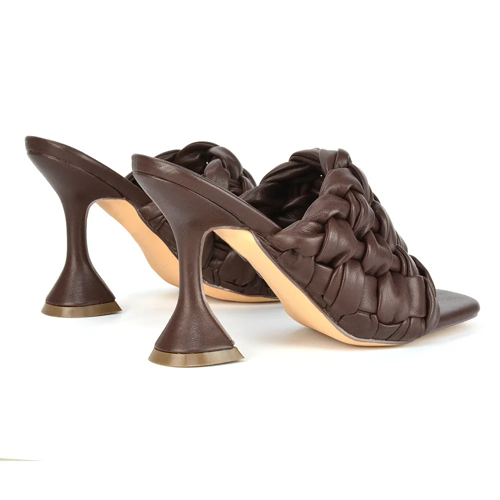 Jaci Woven Sandal Strap Square Toe Sculptured Flared Low mid High Heel Mules in Brown Synthetic Leather