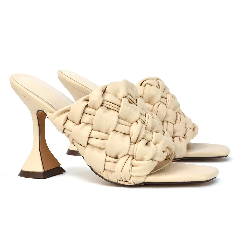 Jaci Woven Sandal Strap Square Toe Sculptured Flared Low mid High Heel Mules in Brown Synthetic Leather