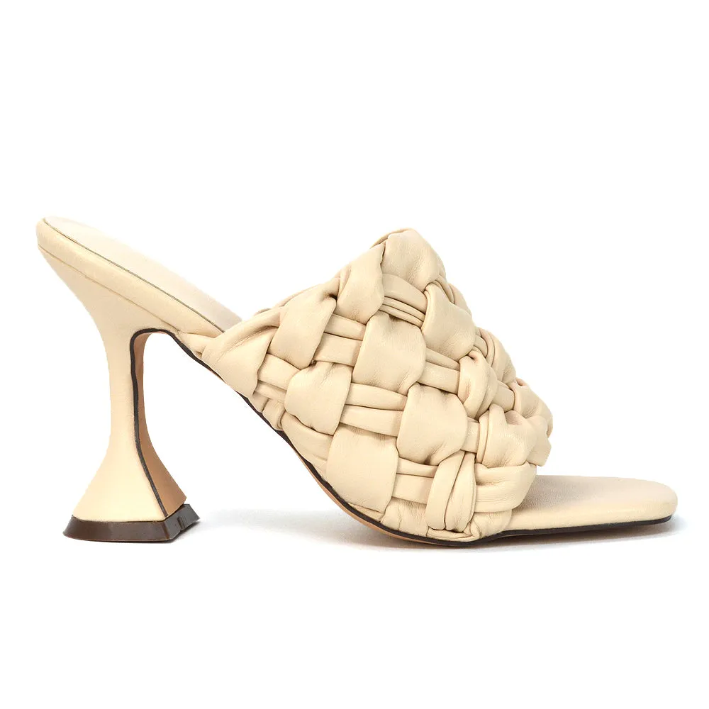 Jaci Woven Sandal Strap Square Toe Sculptured Flared Low mid High Heel Mules in Brown Synthetic Leather