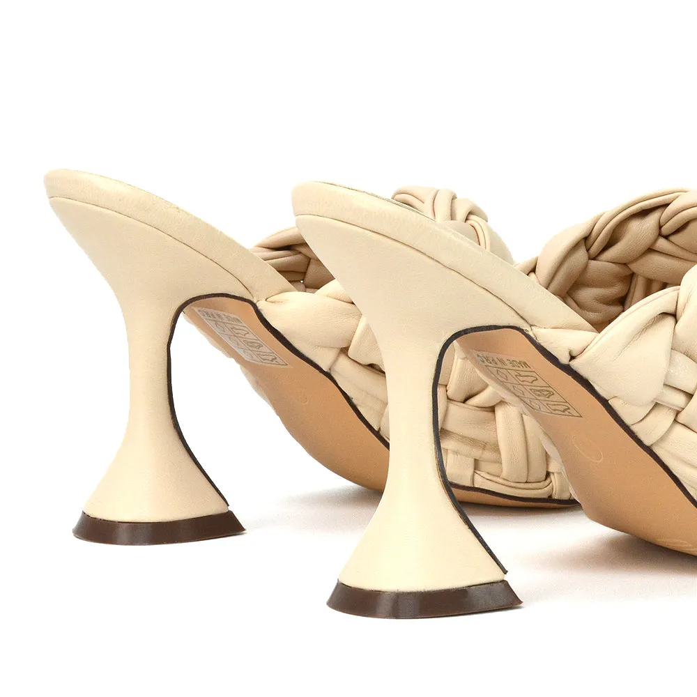 Jaci Woven Sandal Strap Square Toe Sculptured Flared Low mid High Heel Mules in Brown Synthetic Leather