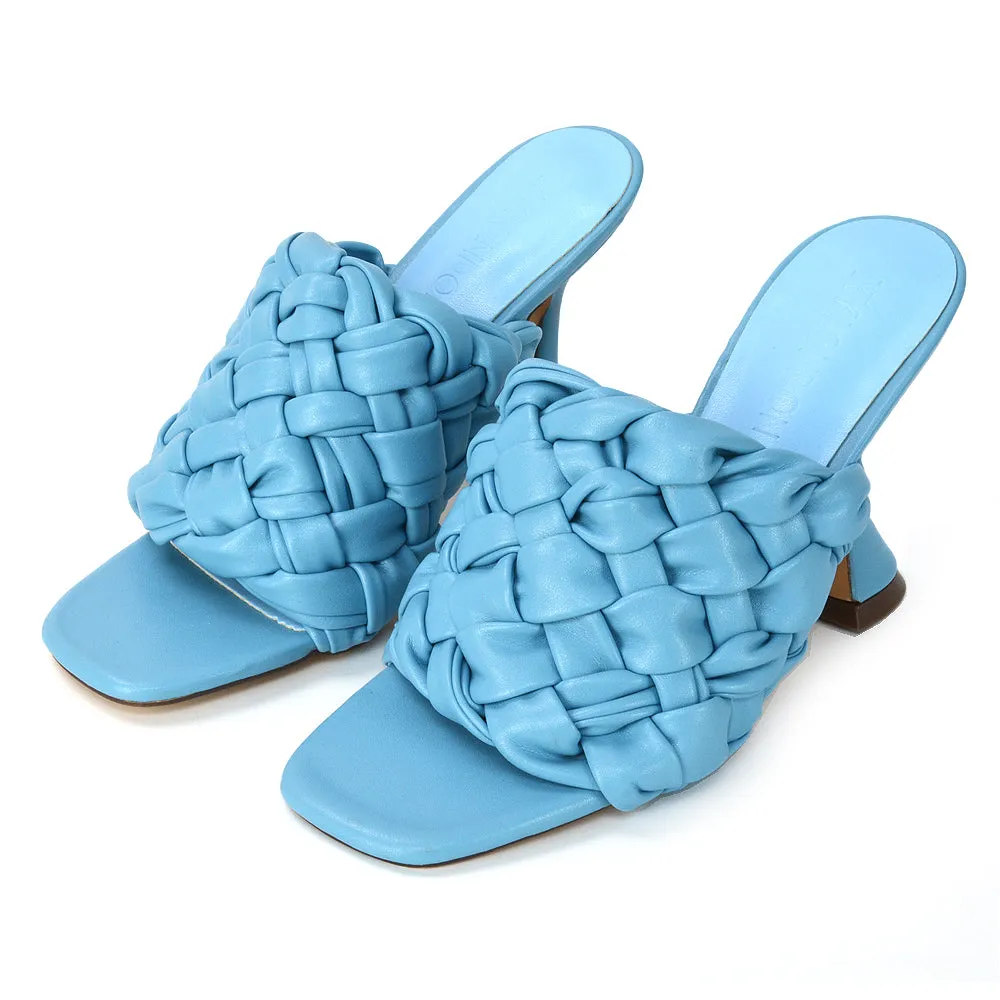 Jaci Woven Sandal Strap Square Toe Sculptured Flared Low mid High Heel Mules in Brown Synthetic Leather