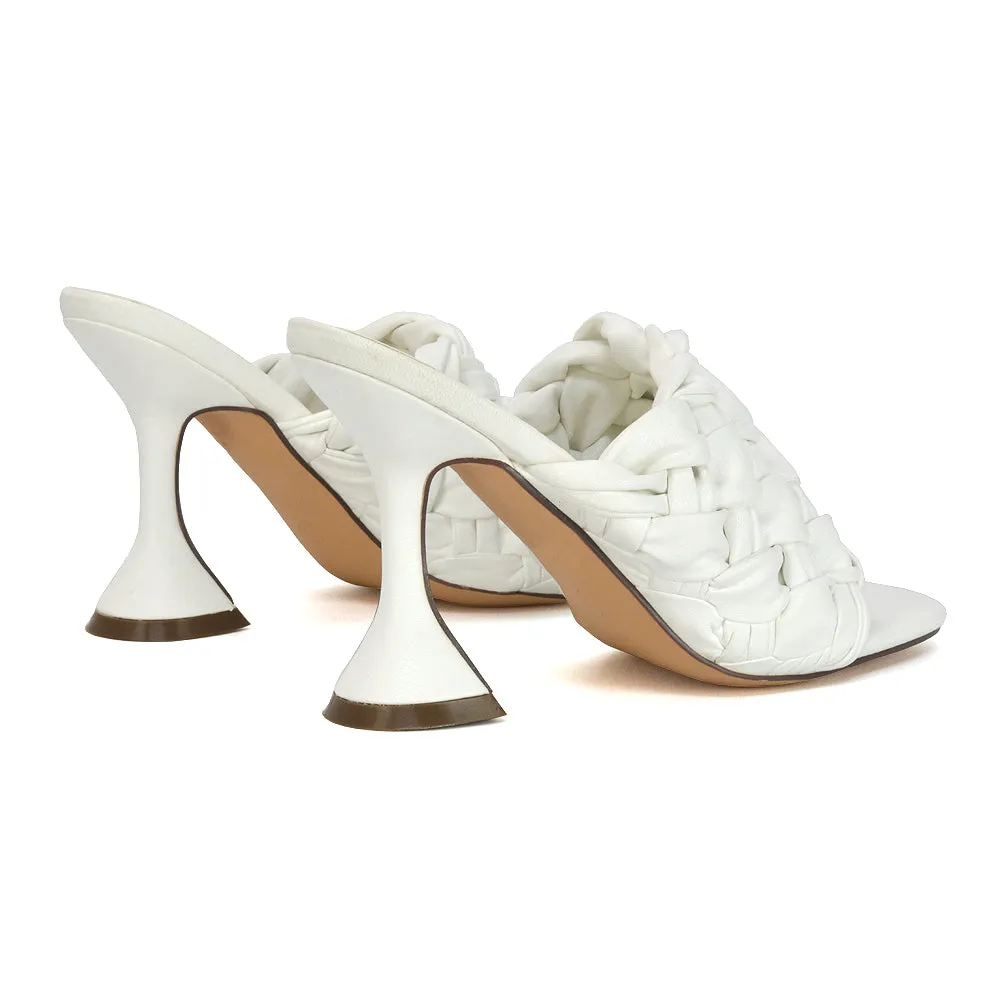 Jaci Woven Sandal Strap Square Toe Sculptured Flared Low mid High Heel Mules in Brown Synthetic Leather
