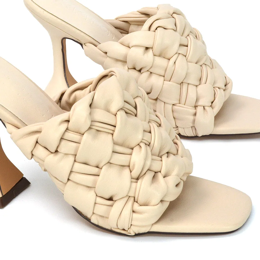 Jaci Woven Sandal Strap Square Toe Sculptured Flared Low mid High Heel Mules in Brown Synthetic Leather