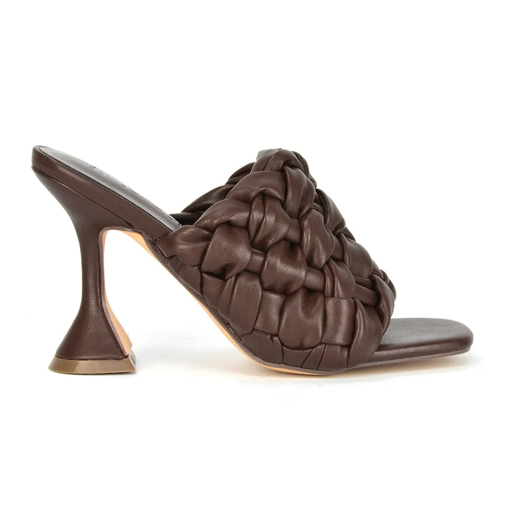 Jaci Woven Sandal Strap Square Toe Sculptured Flared Low mid High Heel Mules in Brown Synthetic Leather