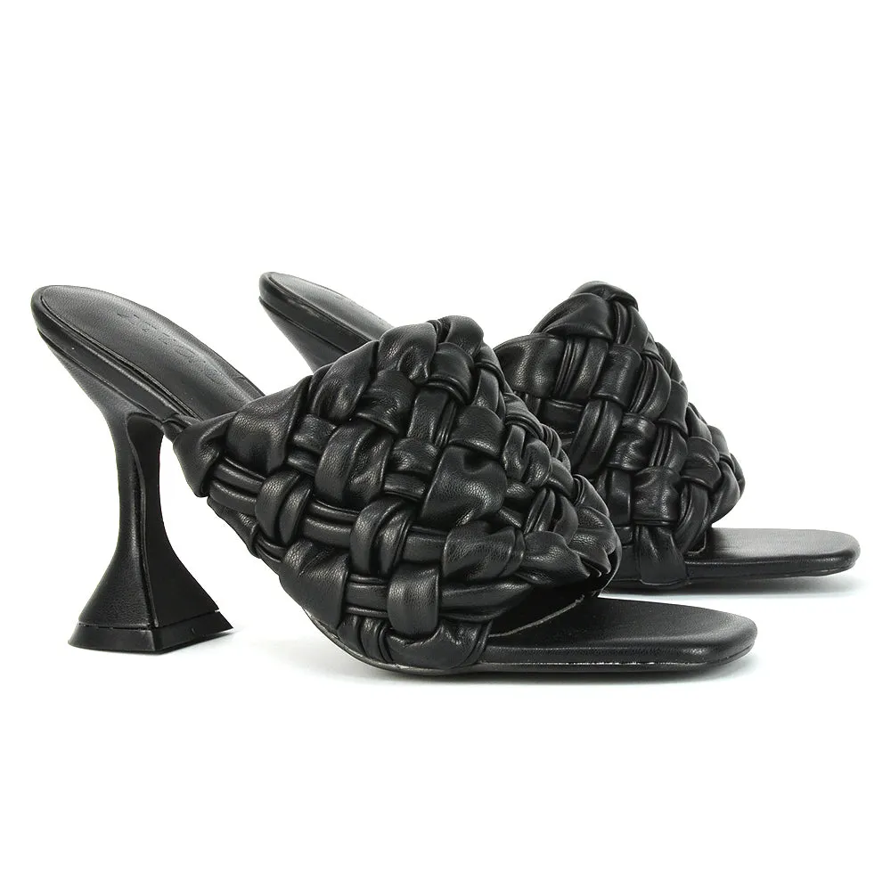 Jaci Woven Sandal Strap Square Toe Sculptured Flared Low mid High Heel Mules in Brown Synthetic Leather