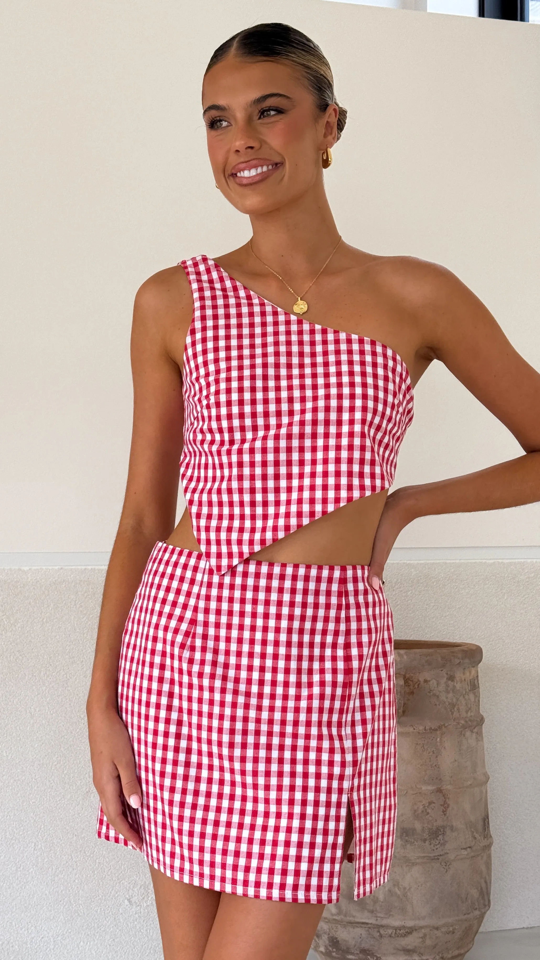 Jalena One Shoulder Top - Picnic Red