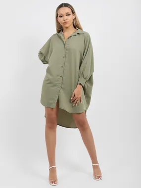 Julie Oversized Dip Hem Shirt Dress In Khaki