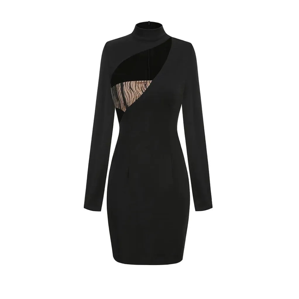 Lace Insert Long Sleeved Bodycon Mini Dress