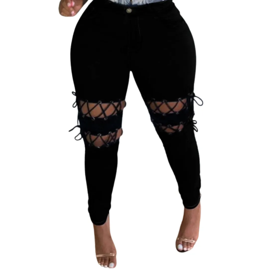 Lace-up Hollow Out Denim Jeans