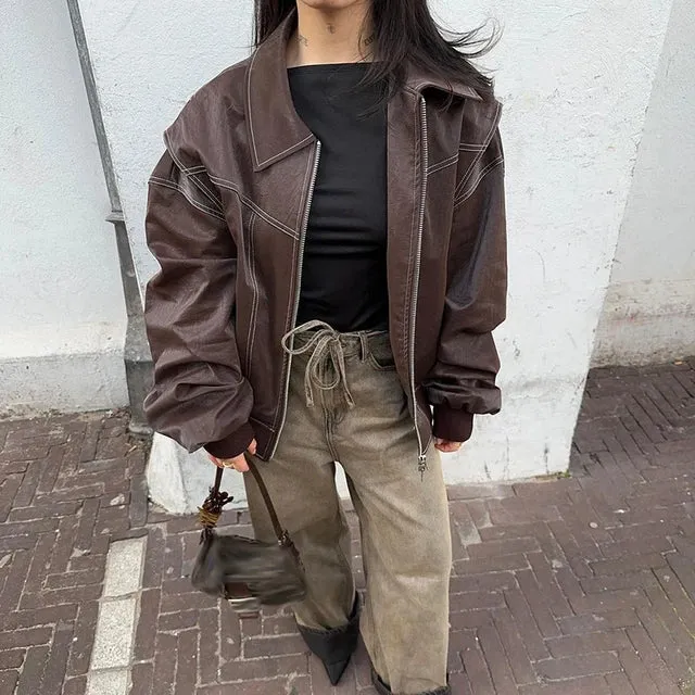 Lapel Zipper Leather Jacket