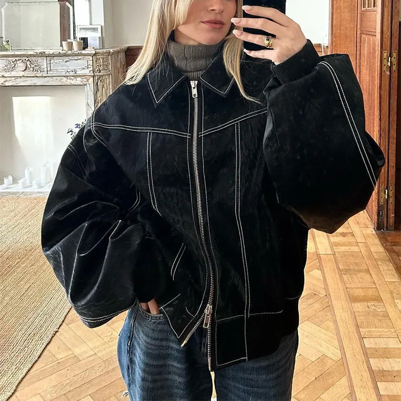 Lapel Zipper Leather Jacket