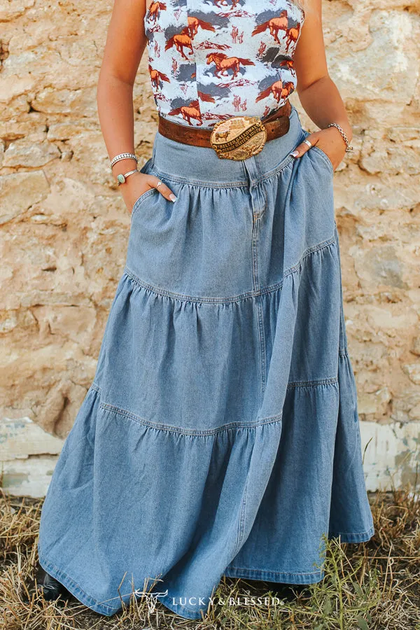 Light Wash Tiered Maxi Skirt