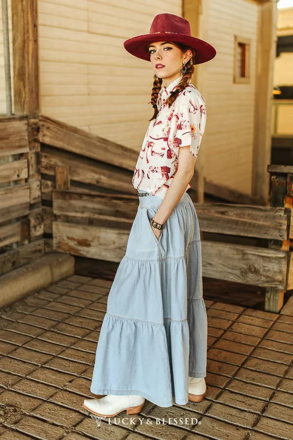 Light Wash Tiered Maxi Skirt