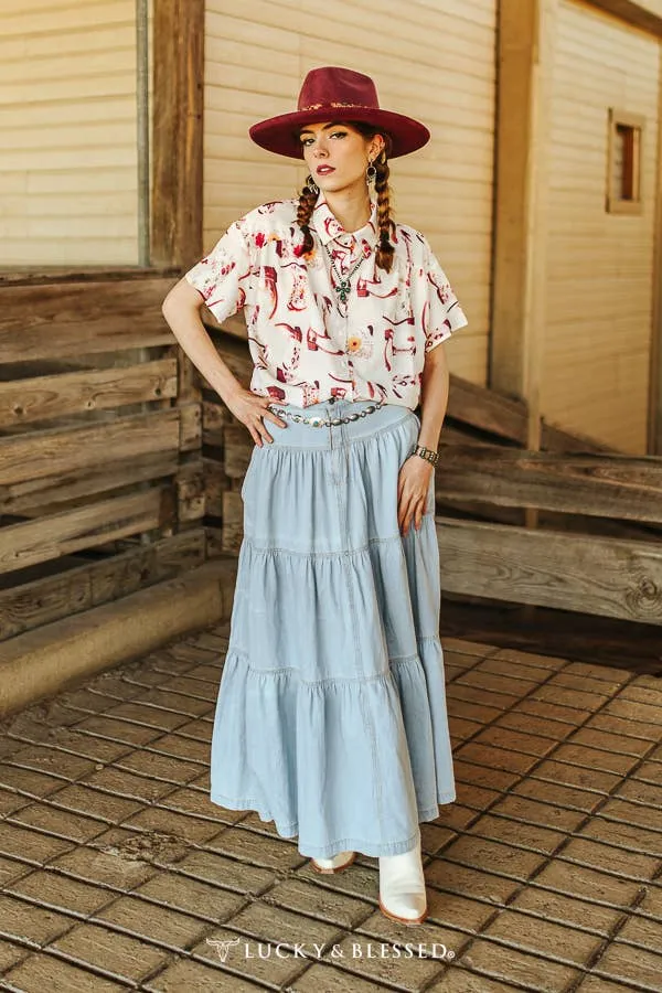 Light Wash Tiered Maxi Skirt