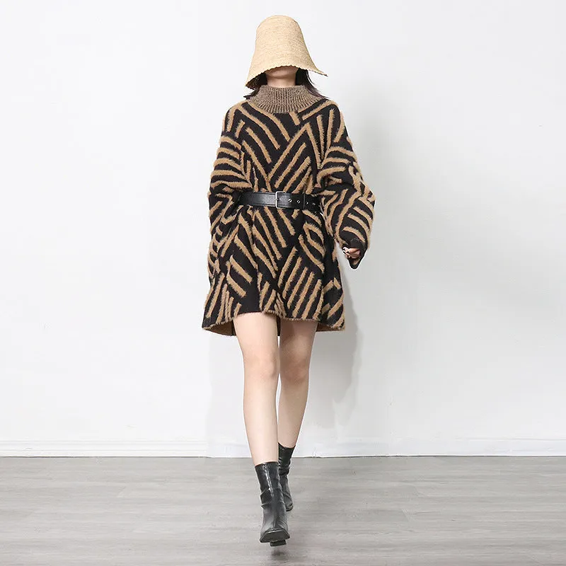 Loose Knitted Long Sleeve Striped Sweater Dress