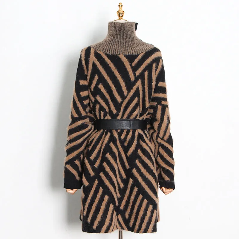 Loose Knitted Long Sleeve Striped Sweater Dress