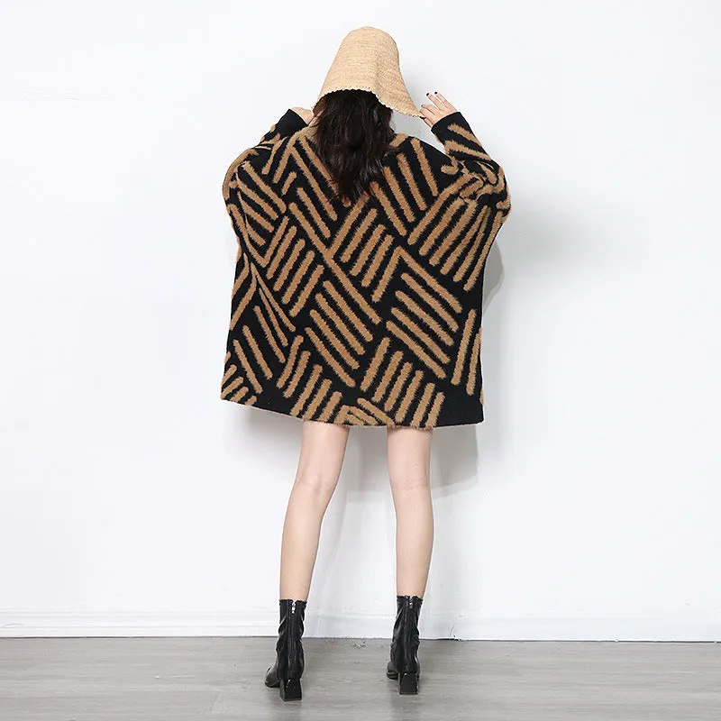Loose Knitted Long Sleeve Striped Sweater Dress