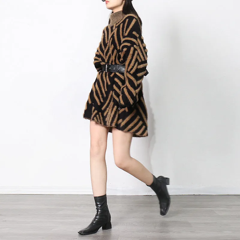Loose Knitted Long Sleeve Striped Sweater Dress