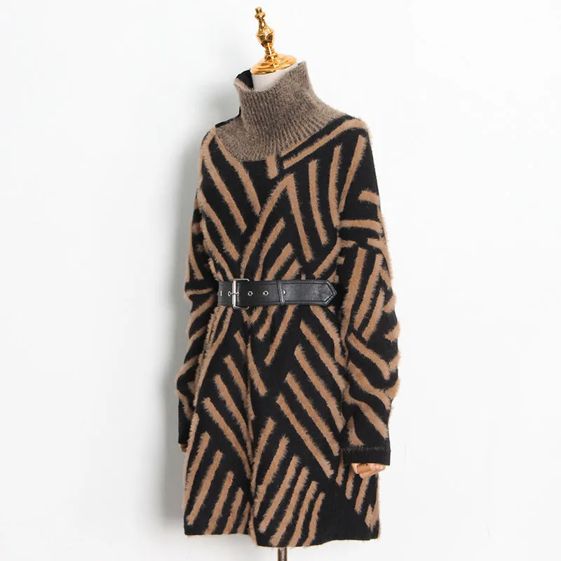 Loose Knitted Long Sleeve Striped Sweater Dress