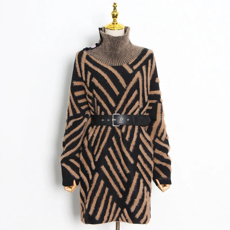 Loose Knitted Long Sleeve Striped Sweater Dress