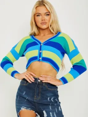 Maraya Striped Knitted Cropped Cardigan In Blue