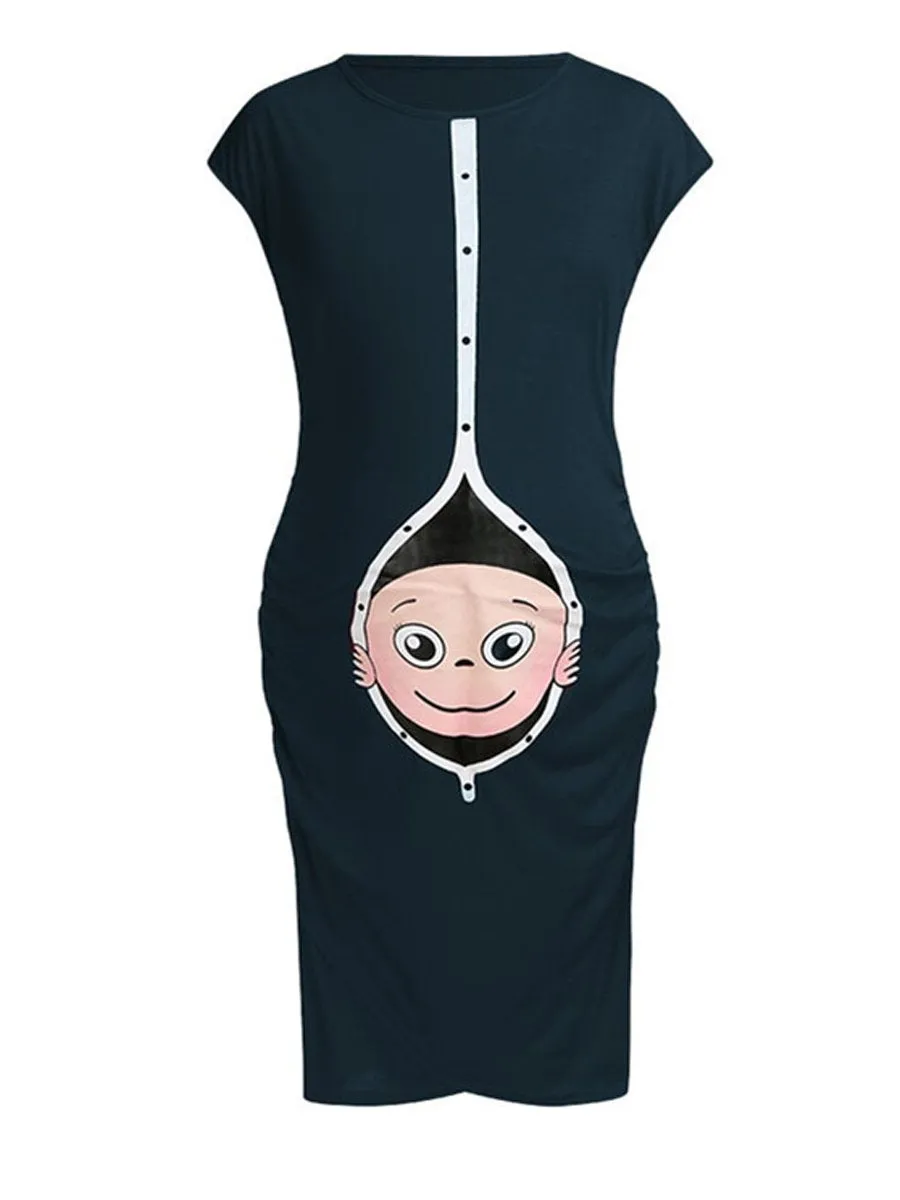 Maternity Sleeveless Round Neck Print Baby Dress