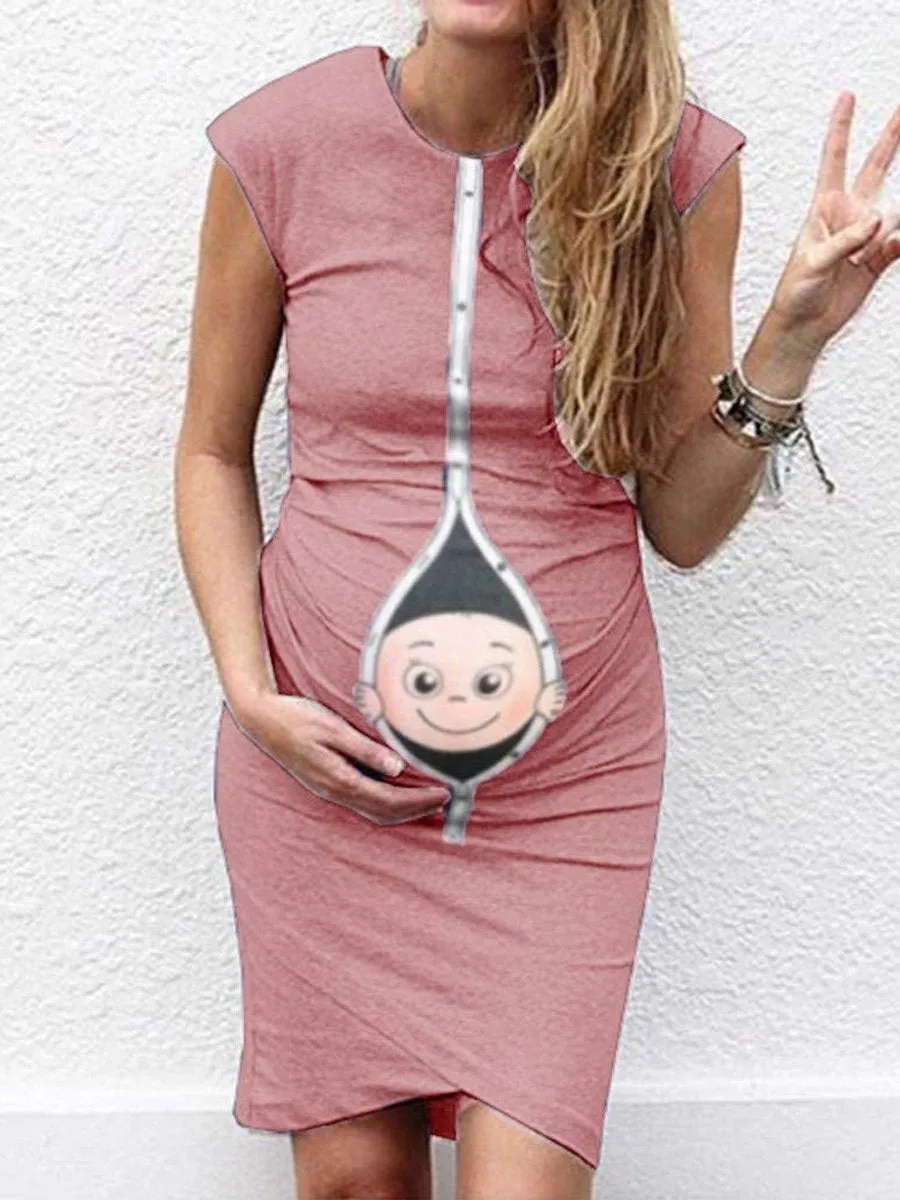 Maternity Sleeveless Round Neck Print Baby Dress