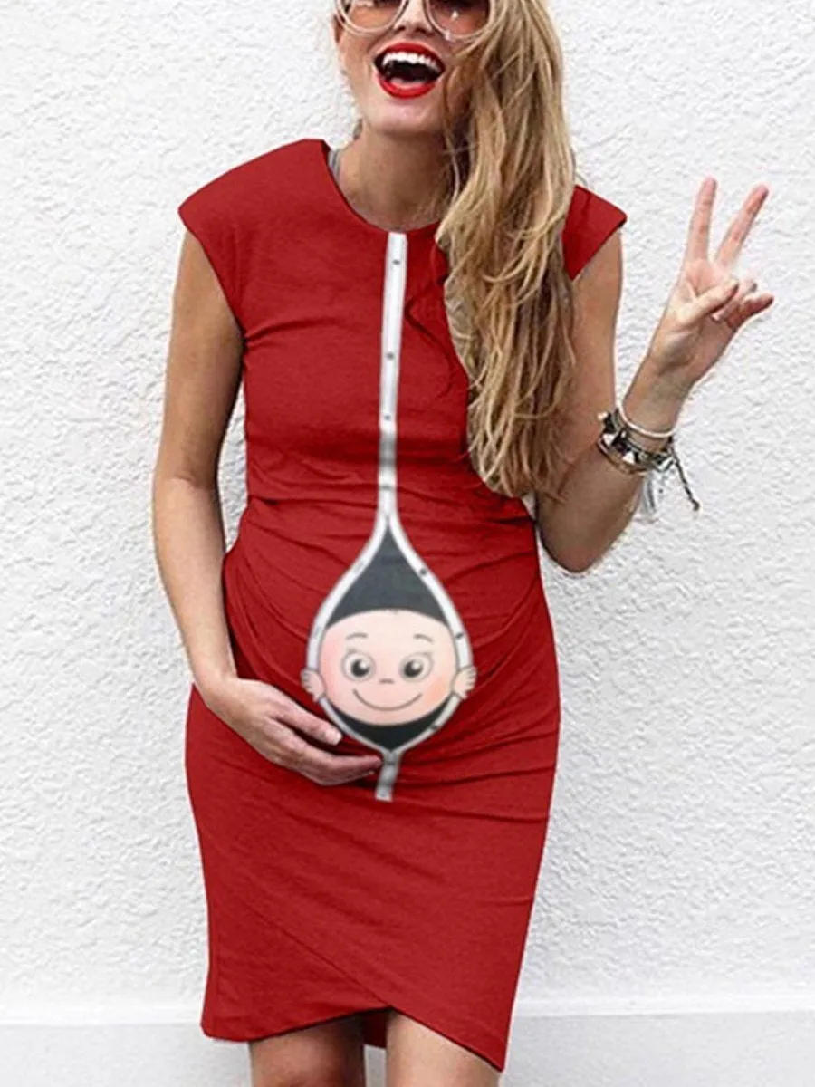 Maternity Sleeveless Round Neck Print Baby Dress