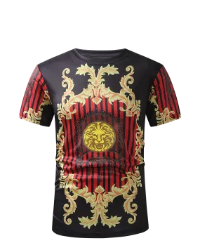 Men PREMIERE SLIM FIT Short Sleeve T SHIRT BLACK RED GOLD KING LION PRINT Designer Shirt