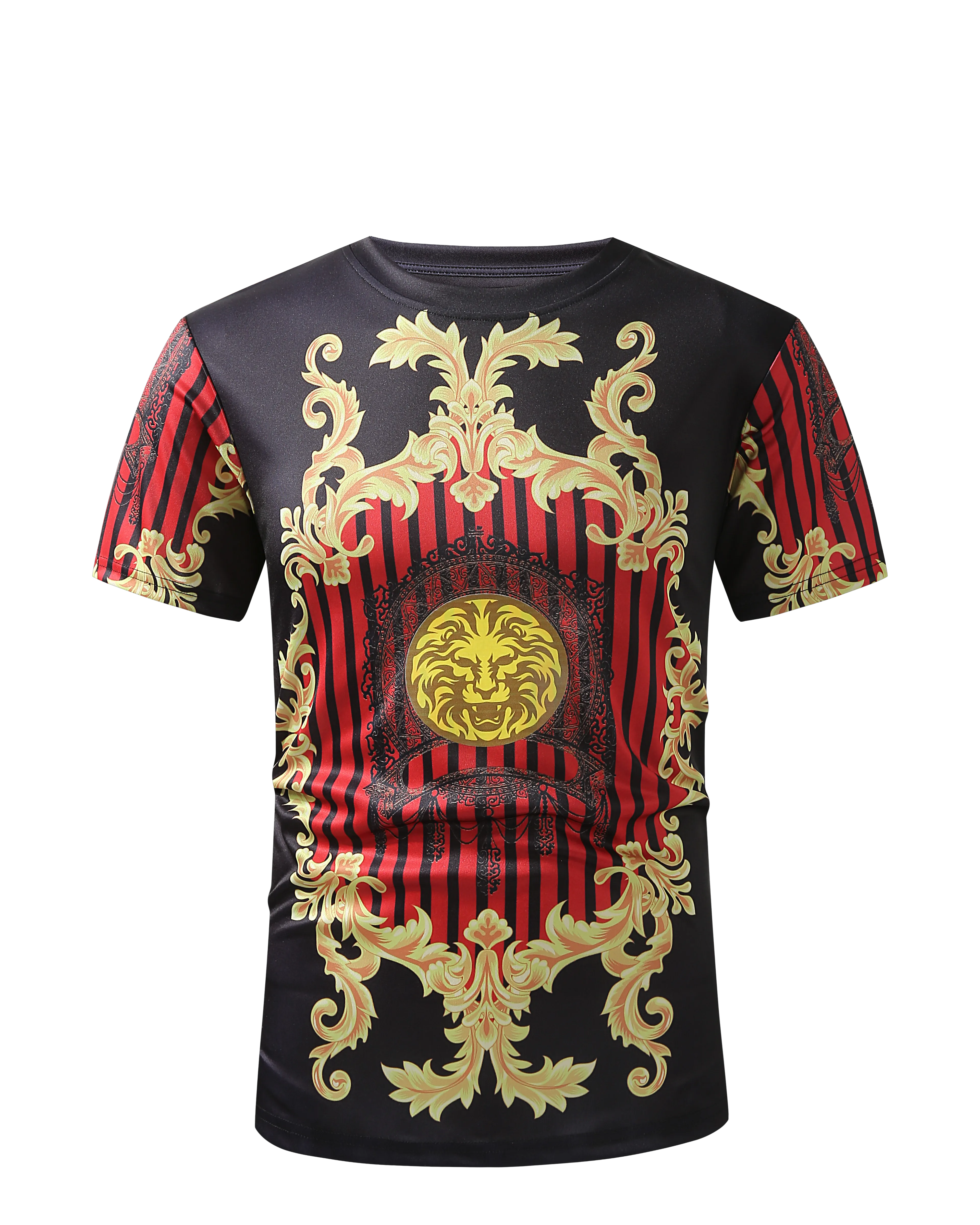 Men PREMIERE SLIM FIT Short Sleeve T SHIRT BLACK RED GOLD KING LION PRINT Designer Shirt