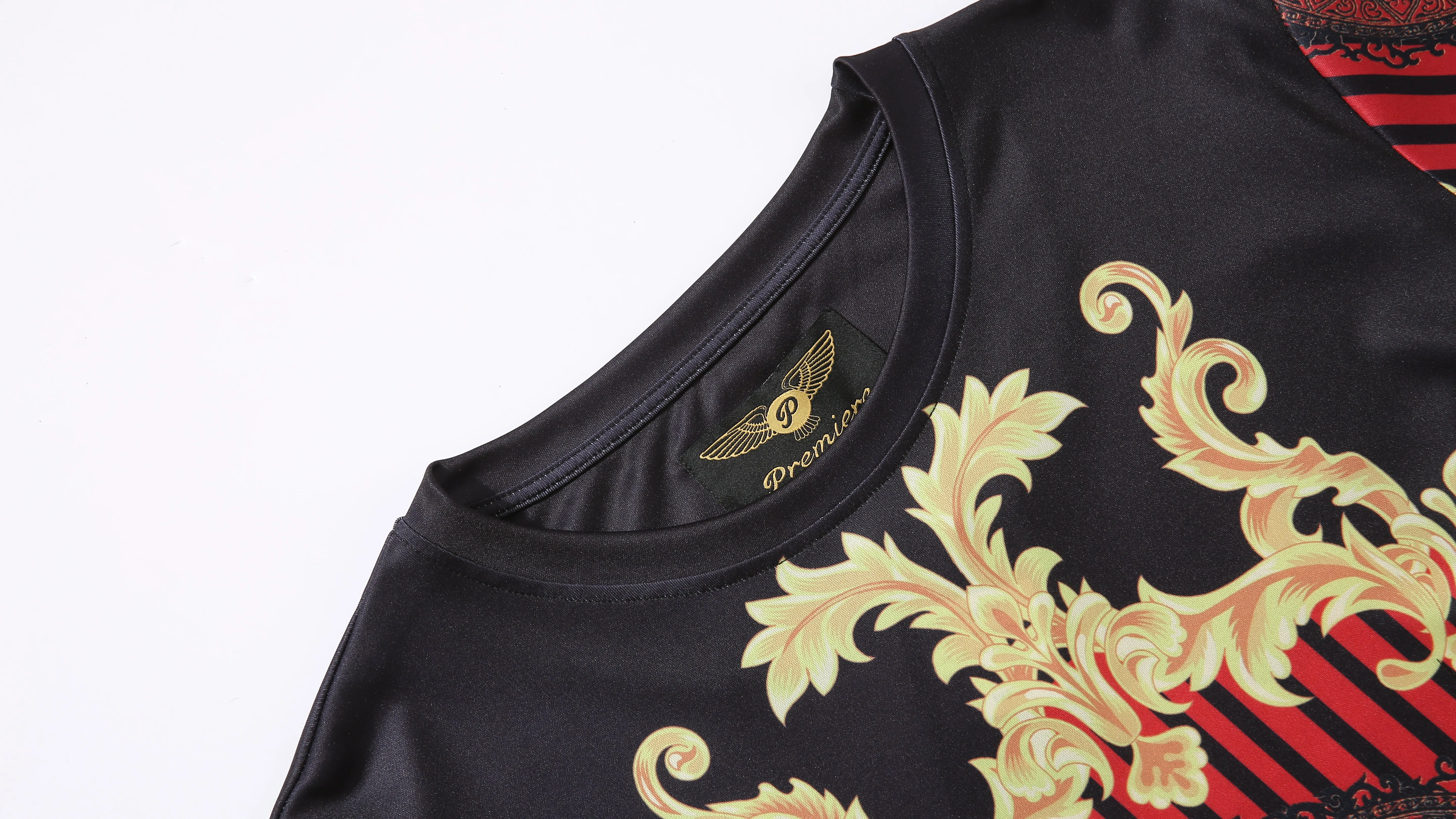 Men PREMIERE SLIM FIT Short Sleeve T SHIRT BLACK RED GOLD KING LION PRINT Designer Shirt