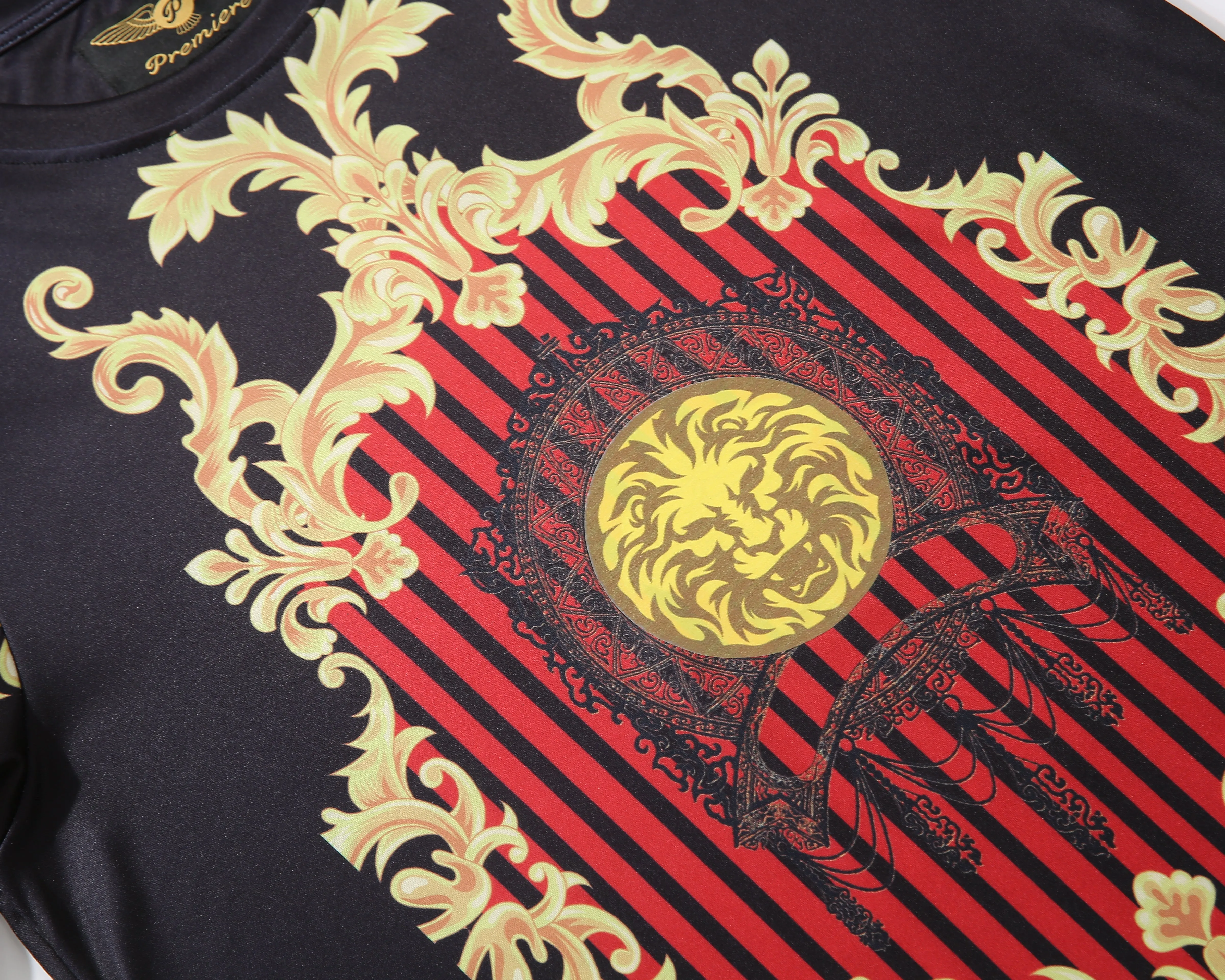 Men PREMIERE SLIM FIT Short Sleeve T SHIRT BLACK RED GOLD KING LION PRINT Designer Shirt