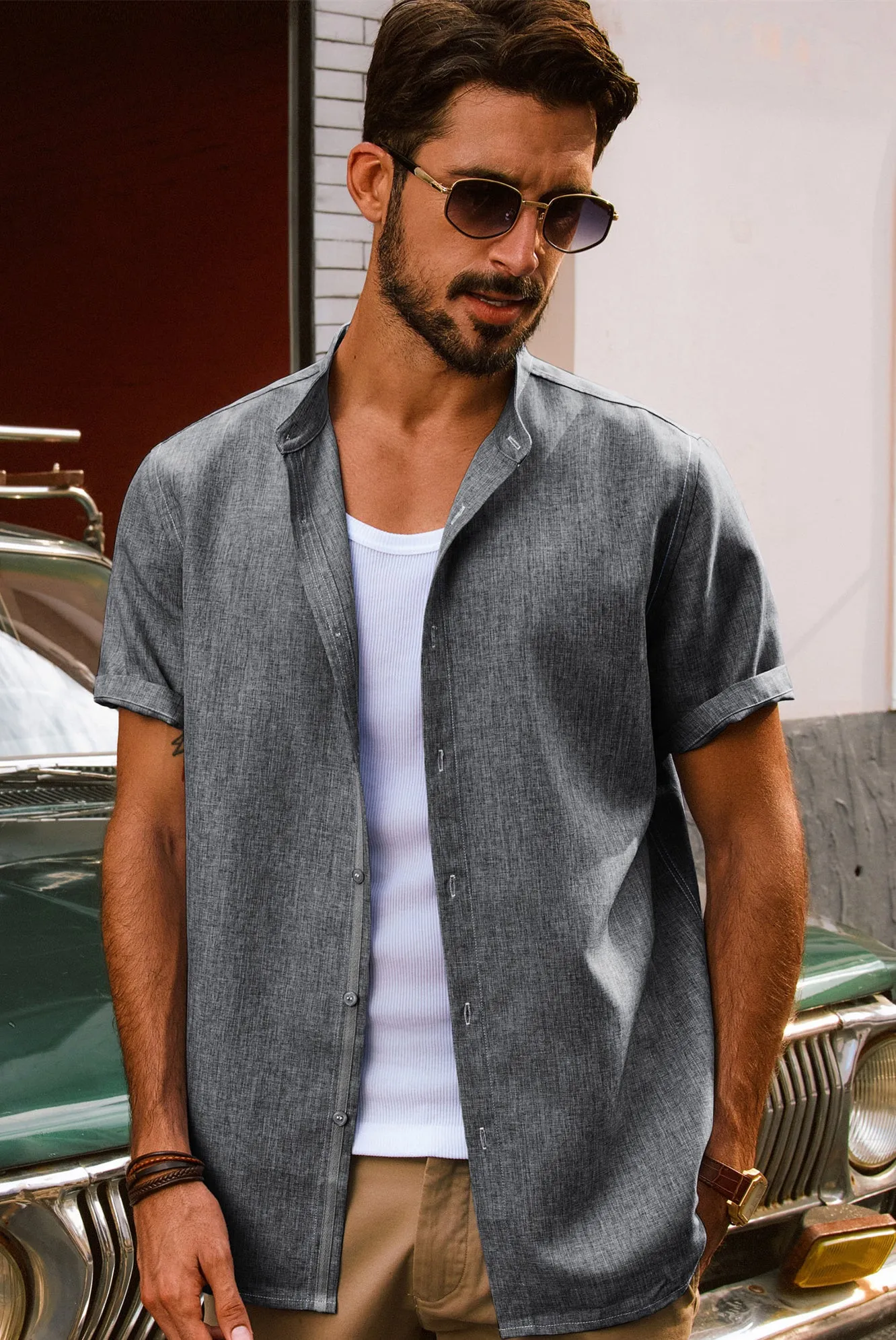 Men Stand Collar Shirt Casual Short Sleeve Curved Hem Button-up Tops