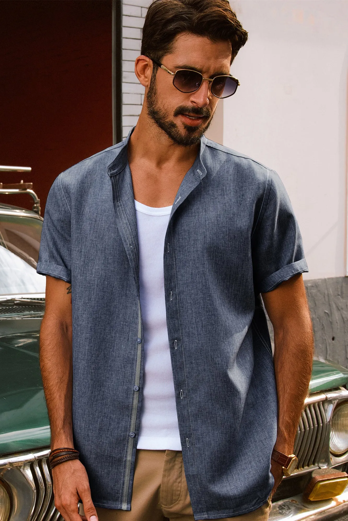 Men Stand Collar Shirt Casual Short Sleeve Curved Hem Button-up Tops