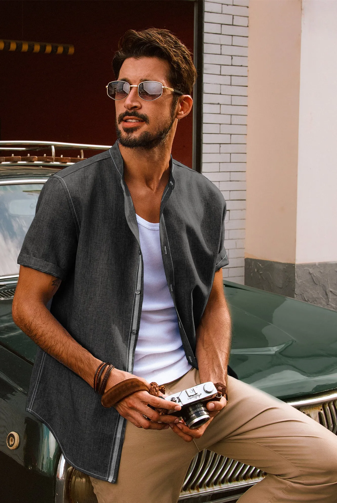 Men Stand Collar Shirt Casual Short Sleeve Curved Hem Button-up Tops
