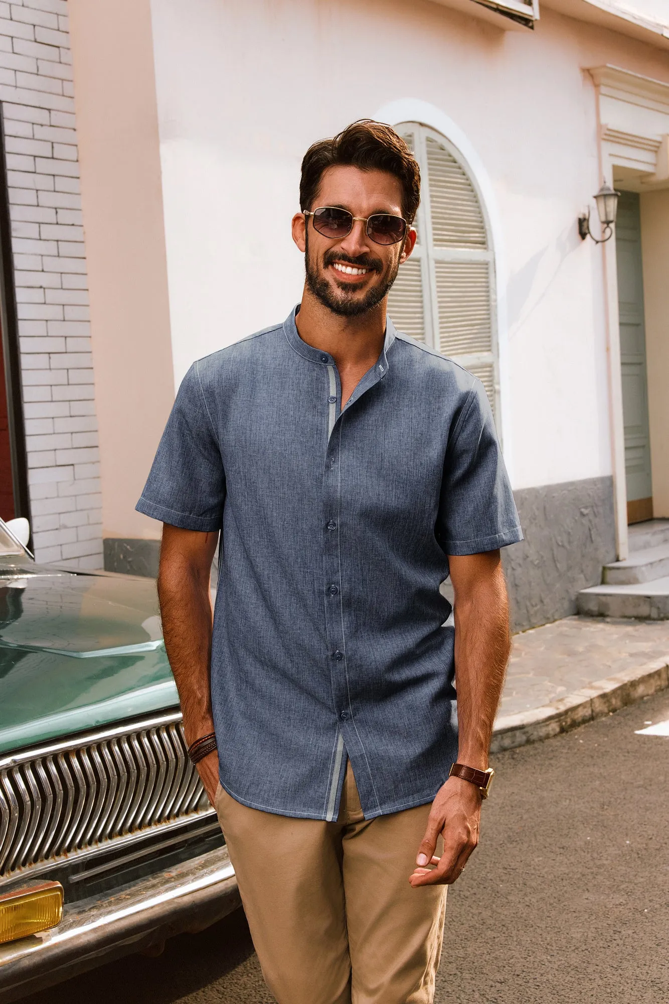 Men Stand Collar Shirt Casual Short Sleeve Curved Hem Button-up Tops